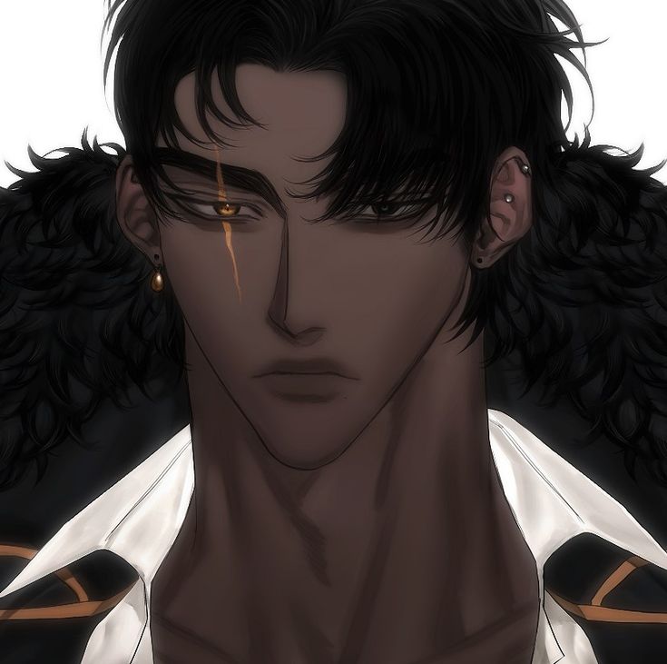 an anime character with black hair and piercings on his ears is staring at the camera