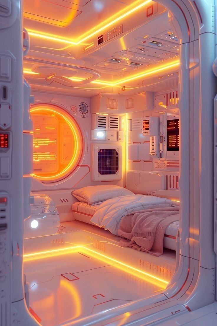 a bed in a room with lights around it