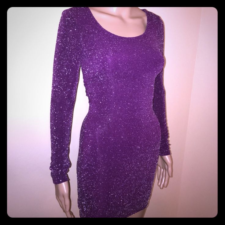 New Never Worn, Size Small, Silk Liner, 93% And 4% Spandex, Measured From The Front Top To Bottom 26 Inches, Purple With Silver Glitter Fitted Purple Sequined Bodycon Dress, Metallic Sparkling Fitted Mini Dress, Fitted Metallic Sparkling Mini Dress, Long Sleeve Fitted Shimmer Mini Dress, Fitted Long Sleeve Mini Dress With Shimmer, Fitted Long Sleeve Shimmer Mini Dress, Fitted Long Sleeve Disco Sequin Dress, Shiny Fitted Bodycon Dress For Evening, Sparkling Fitted Bodycon Cocktail Dress