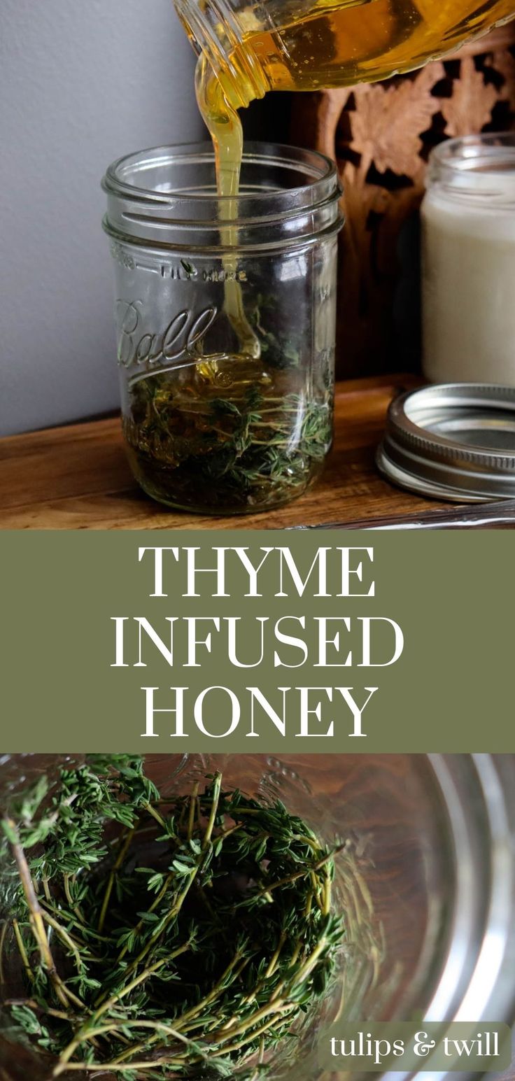 thyme infused honey is being poured into a mason jar