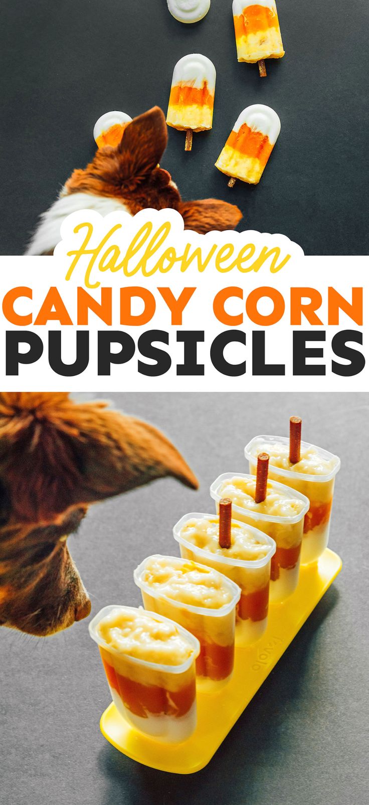 halloween candy corn popsicles on a yellow tray