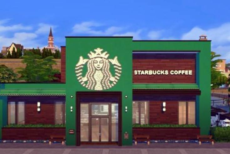 a starbucks coffee shop is shown in the middle of an animated cityscape scene