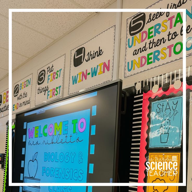 a classroom wall with signs and posters on it