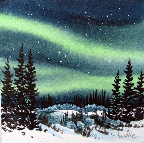 a painting of trees and the aurora bore