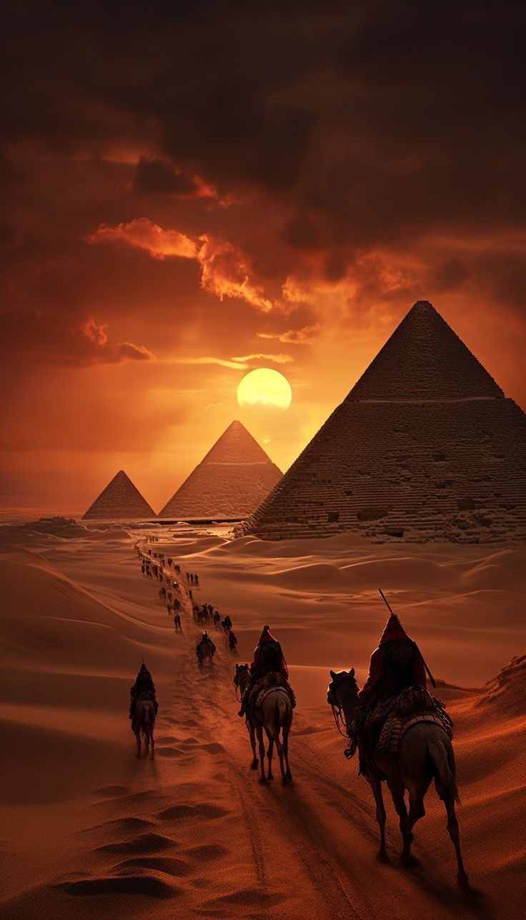 a group of people riding horses through the desert with pyramids in the background at sunset