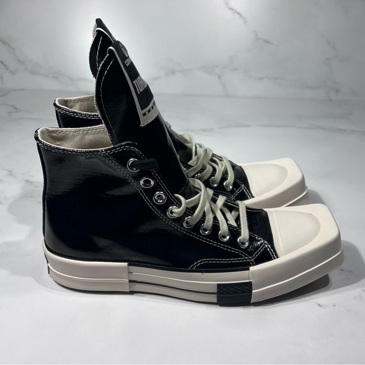 Converse X Rick Owens Drkshdw Turbodrk Black White Patent High Top Sneakers Nwt Msrp $225 Mens Size: 8, Womens Size: 10 Brand New Never Worn With Shoe Box And 2 Sets Of Laces Accepting Offers Converse Streetwear Platform Sneakers With Rubber Toe Cap, Converse Platform Sneakers With Rubber Toe Cap For Streetwear, Black Converse Sneakers With Contrast Sole, Converse Custom Mid-top Sneakers With Contrast Sole, Black Converse Sneakers With Vulcanized Sole, Converse Mid-top Custom Sneakers With Contrast Sole, Converse Custom Sneakers With Contrast Sole For Streetwear, Black Sneakers With Rubber Toe Cap, Black High-top Sneakers With Rubber Toe Cap