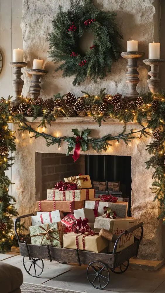 christmas presents are stacked in a wagon by the fire place with candles and wreaths