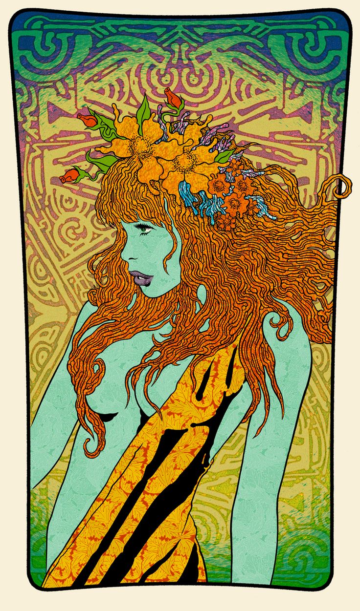 a poster with an image of a woman holding flowers in her hair