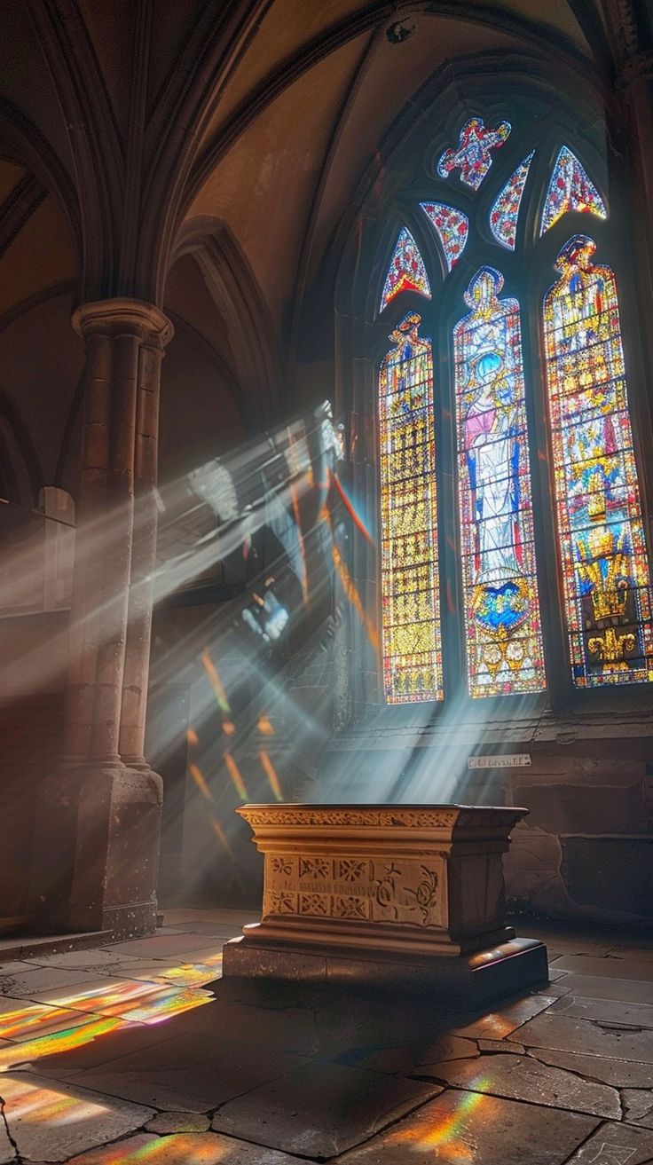 sunlight streaming through the stained glass windows in a church