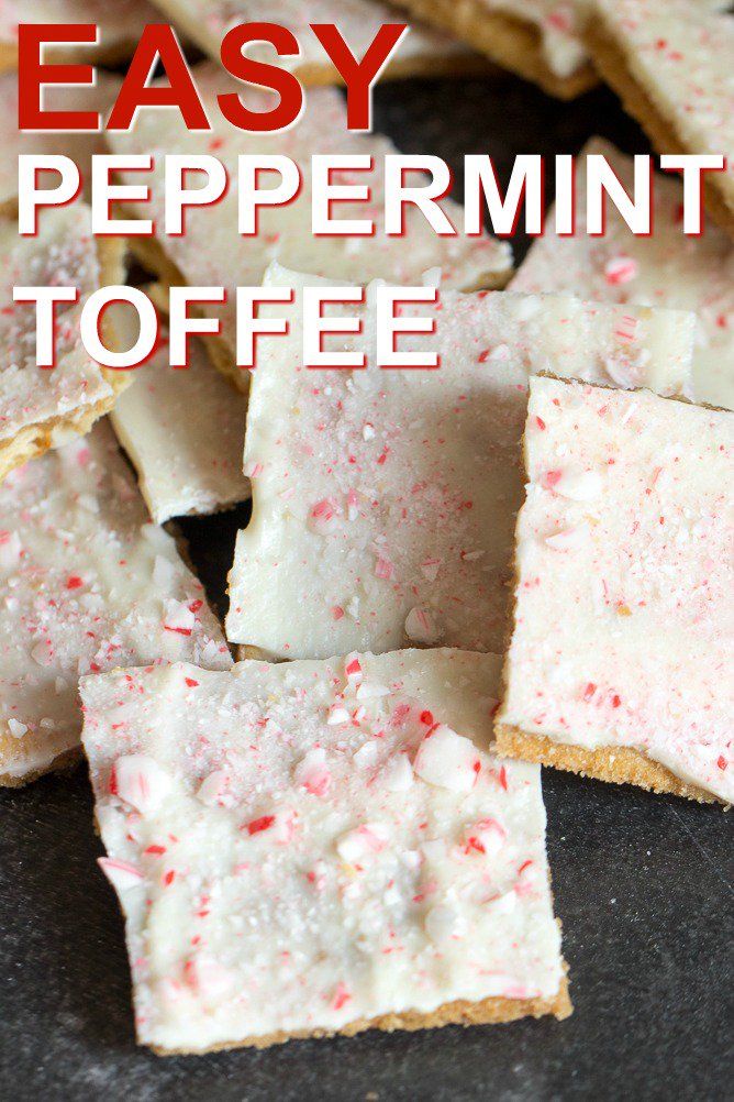 easy peppermint toffee recipe with text overlay