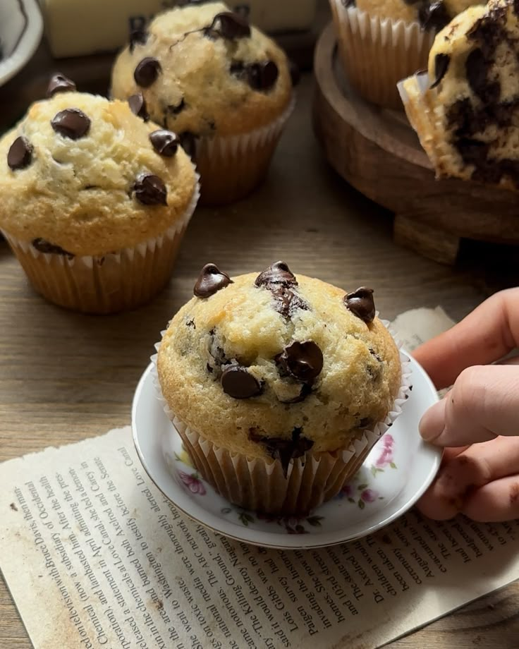 a person holding a plate with some chocolate chip muffins on top of it