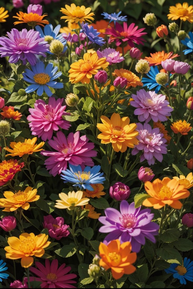 many different colored flowers in a field