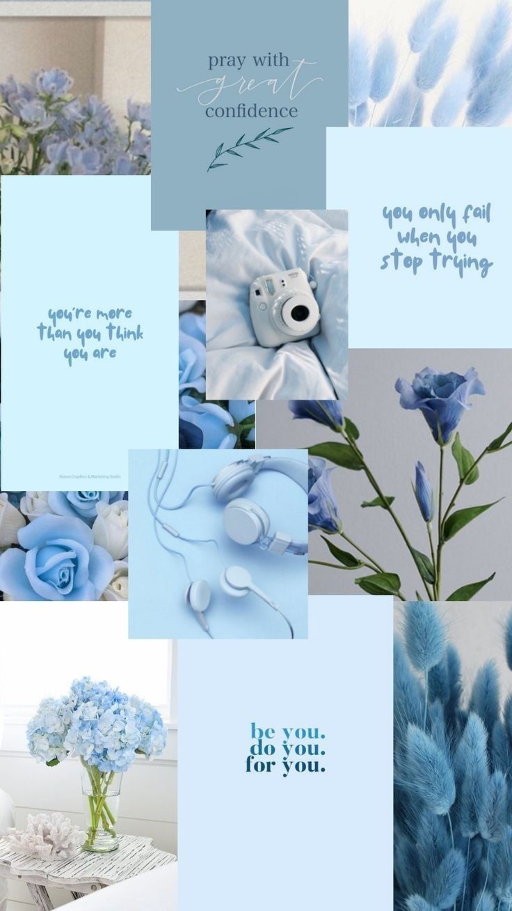 a collage of blue and white flowers