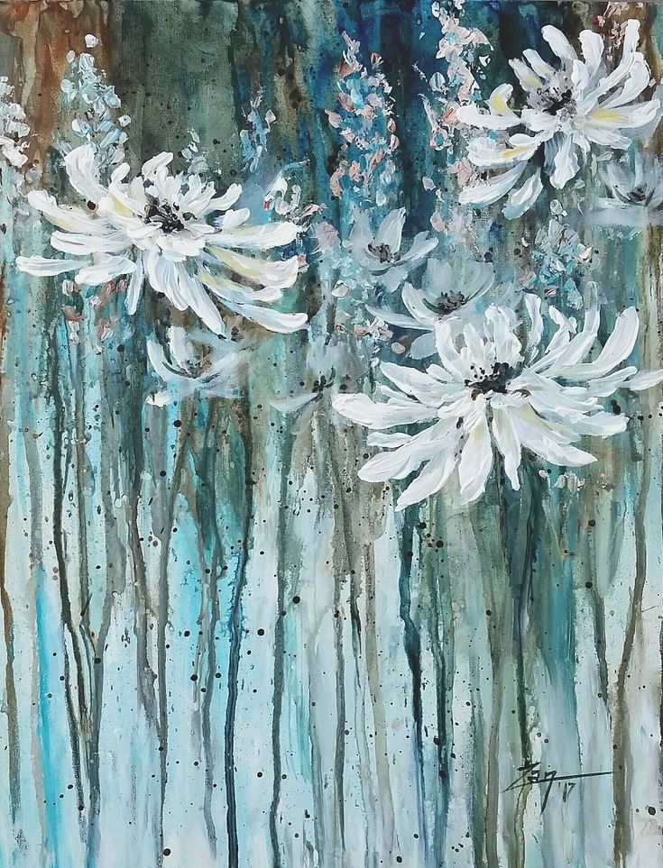 an abstract painting of white flowers in water