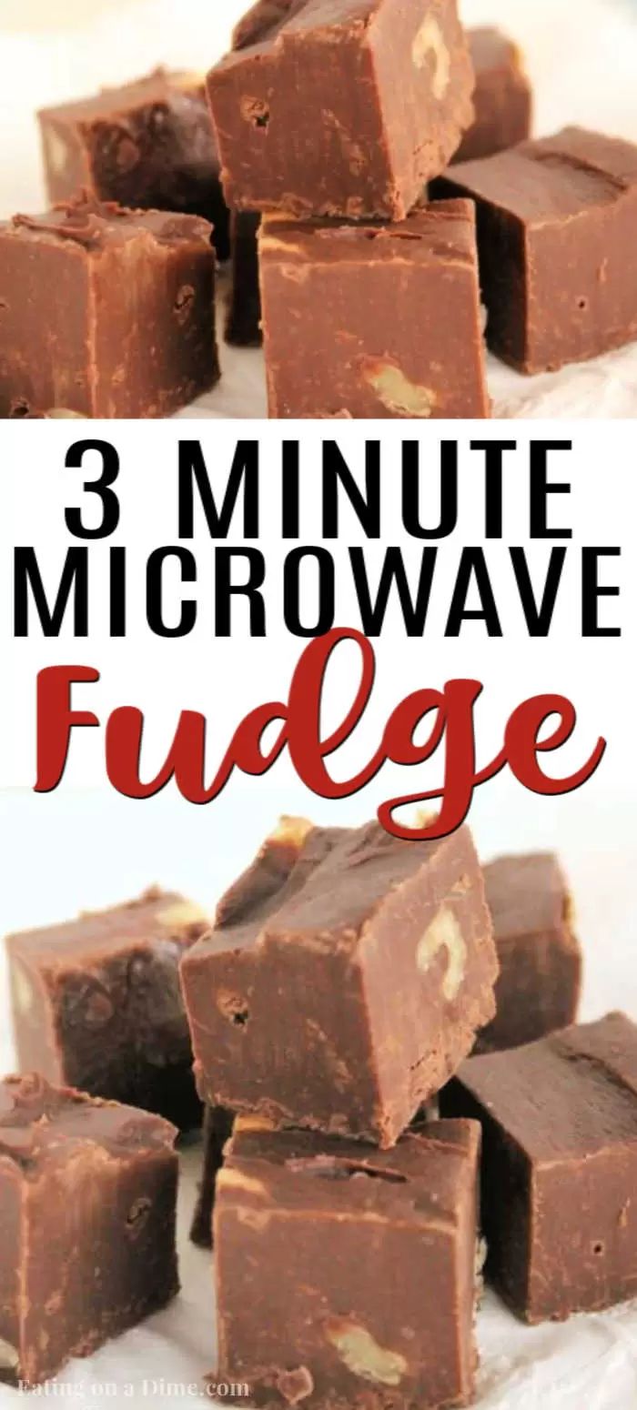 chocolate fudge with the words 3 minute microwave fudge on top and below it