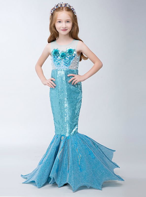 Silhouette:mermaid Hemline:floor length Neckline:scoop Fabric:sequins Sleeve Style:sleeveless Color:blue Back Style:zipper up Embellishment:sequins Mermaid Dress For Kids, Mermaid Dress Girls, Mermaid Party Dress, Mermaid Costume Diy, Sequin Flower Girl Dress, Silver Cocktail Dress, Prom Girl Dresses, Kids Dress Patterns, Theme Dress