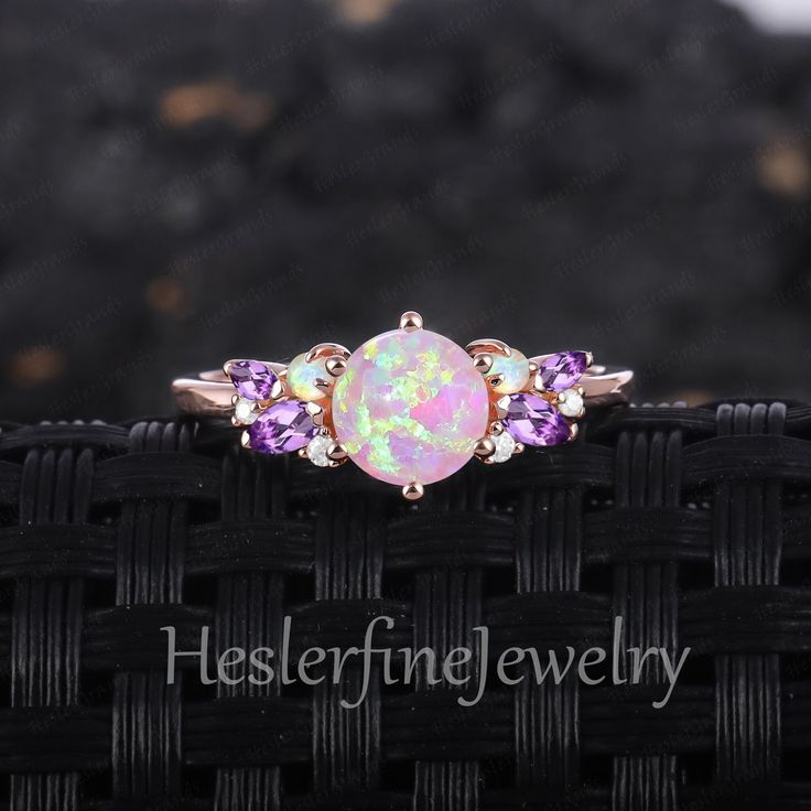 Vintage Pink Opal Engagement Ring 14K Solid Rose Gold Cluster Ring Promise Ring Oct Birthstone Ring Bridal Sets Anniversary Gifts For Women   ☛Ring Details ☛ Center stone Center Stone: 6.0mm  Lab Pink Opal Cut: round cut ☛ side stone side stone: Natural Amethyst(0.205ct) and moissanite(0.032ct) and lab opal(0.07ct) Cut:round and marquise >>Weight: 0.307ctw ☛Width:1.5mm ☛Thickness :1.2mm ☛ Wedding Band  >> Stone: Natural Amethyst(0.12ct) and moissanite(0.066ct) Cut:round and marquise and pear >>W Rose Gold Multi-stone Promise Ring, Rose Gold Multi-stone Birthstone Ring, Rose Gold Amethyst Ring For Anniversary, Purple Opal Promise Ring, Round Birthday Rings With Accent Stones, Pink Opal Ring, Opal Engagement Ring, Opal Engagement, Full Eternity Ring