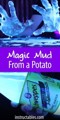 a hand holding a bottle with white foam on it and the words magic mud from a potato