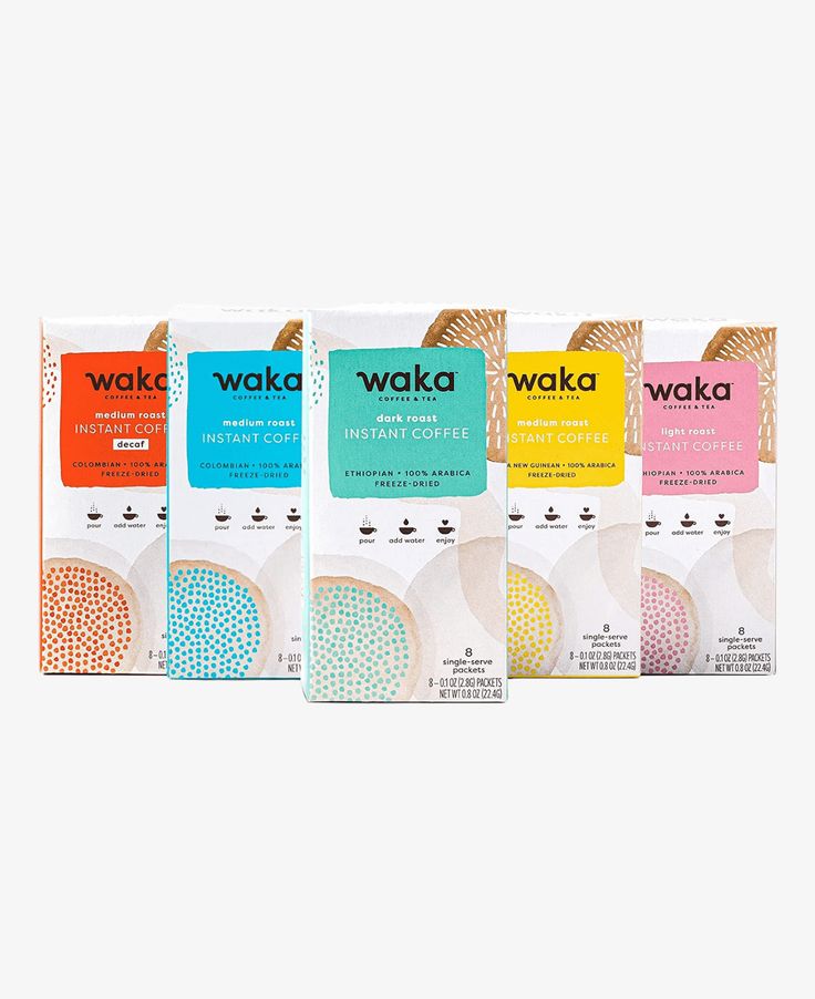 the waka coffee packaging is shown in four different colors