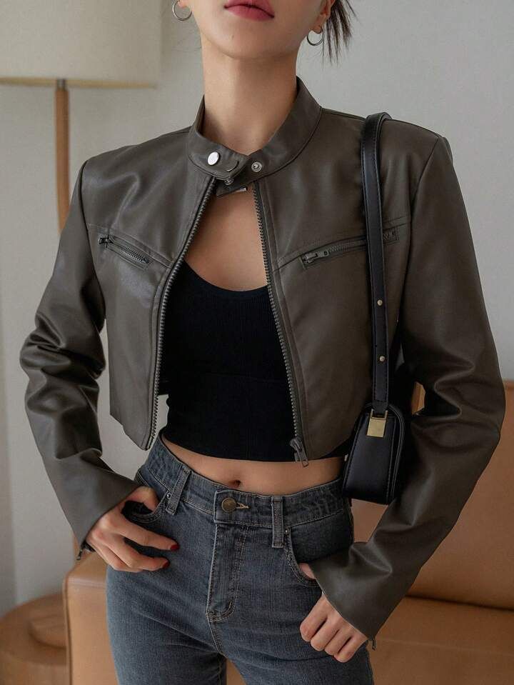 Gray Leather Jacket Outfit, Cropped Leather Jacket Outfit, Womens Cropped Jacket, Fashion Trousers, Grey Leather Jacket, Super Hero Outfits, Trendy Jackets, Women Jackets, Everyday Fashion Outfits