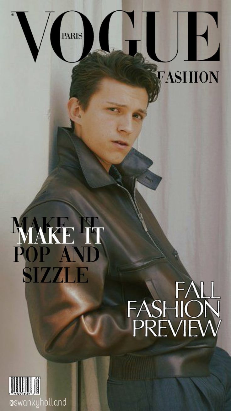 a man in a leather jacket on the cover of a fashion magazine, with his arms crossed