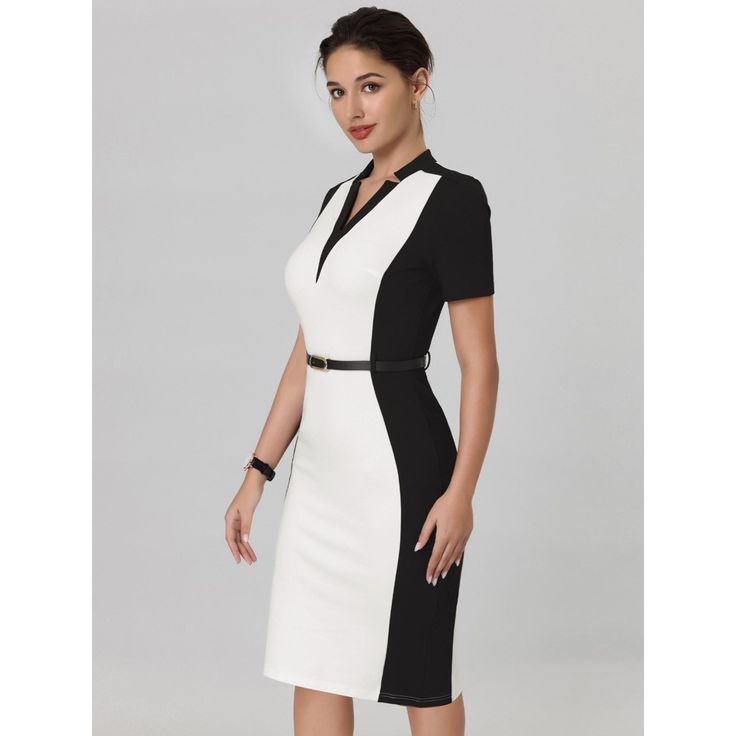 This dress can be a perfect addition to almost any outfit from formal to daily wear, great for work, meeting, office, businesses, work, party, cocktail, wedding, casual, daily dressing, etc. Pair with high heels for a vintage office look. Comfortable and versatile, this pencil dress perfect on its own or as a layer under a blazer. Sheath Bodycon Dress For Workwear, Black Bodycon Office Dress, Fitted Office Lady Bodycon Dress For Career, Fitted V-neck Bodycon Dress For Work, V-neck Fitted Bodycon Dress For Work, Elegant Fitted Bodycon Dress For Career, V-neck Office Lady Bodycon Dress, Fitted Office Lady Bodycon Dress For Work, Office Lady Bodycon Dress For Work