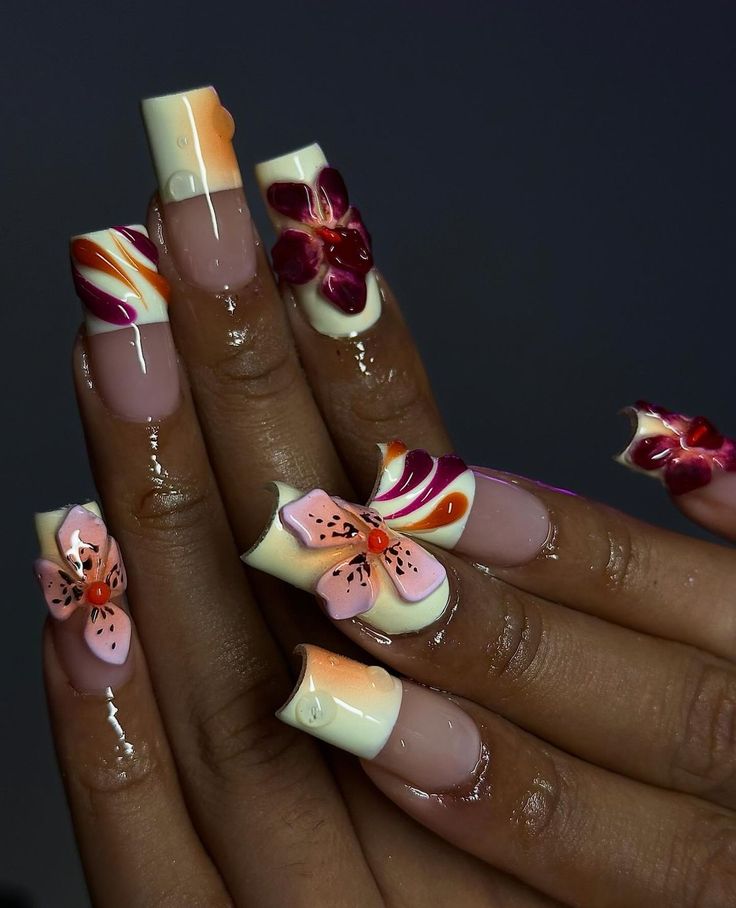 Vintage French Tip Nails, Tokyo Inspired Nails, Red Gyaru Nails, Earthy Nails Designs Square, Chinese Inspired Nails, Hime Gyaru Nails, Jelly Flower Nails, Short Artsy Nails, 2000s Nails Trends