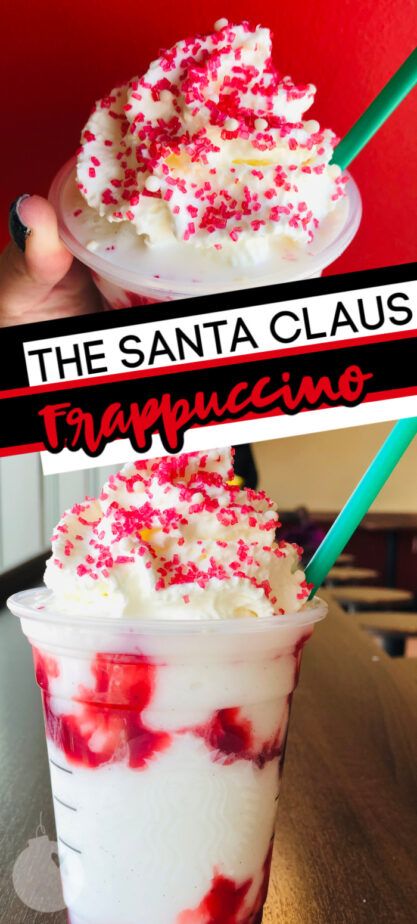 the santa claus frappenzono is served in a plastic cup with strawberries and whipped cream