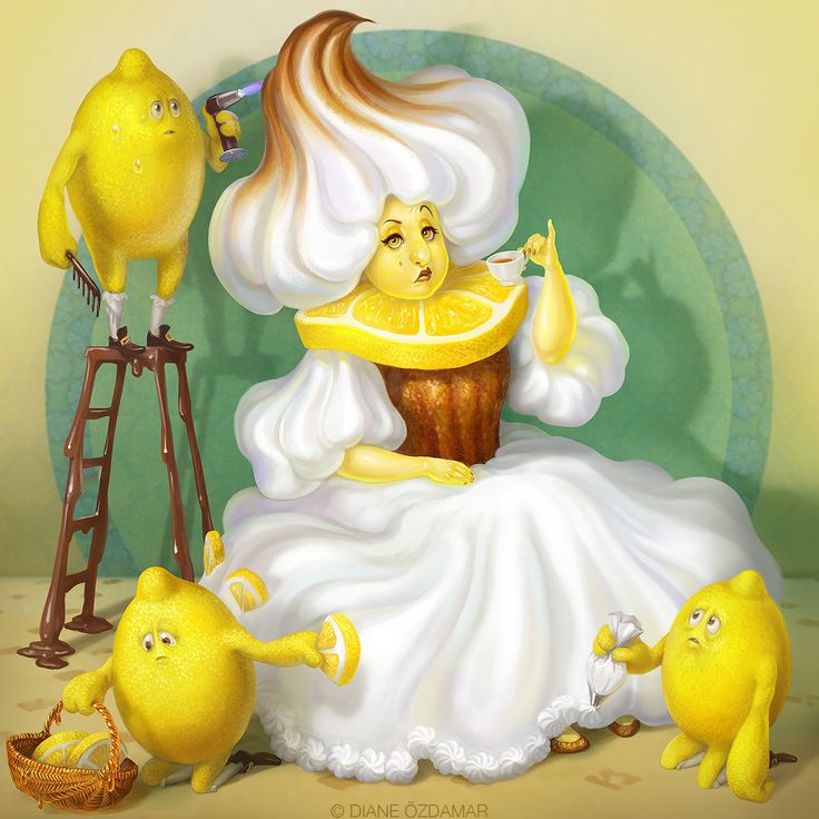 a painting of a woman sitting on top of a chair with lemons around her