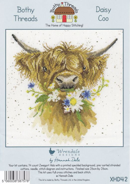 a cross stitch pattern of a highland cow with flowers in its mouth and the words, happy