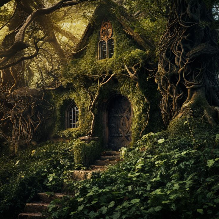 a house in the woods with moss growing all over it