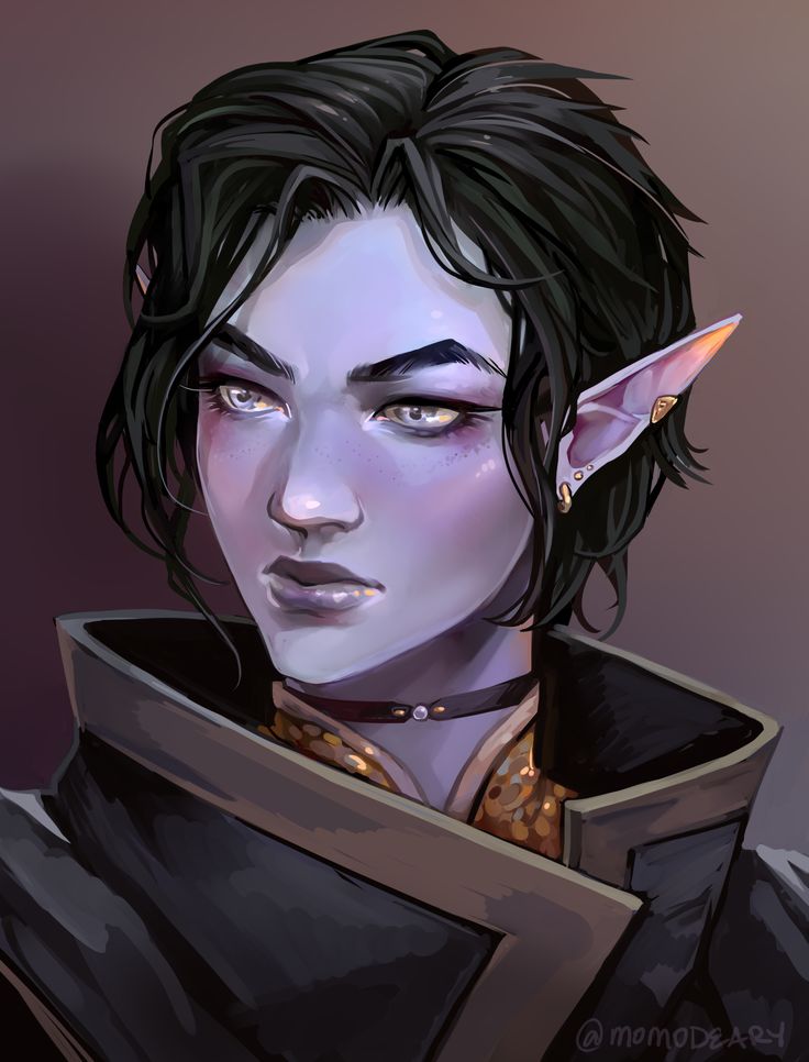 an elf with black hair and green eyes