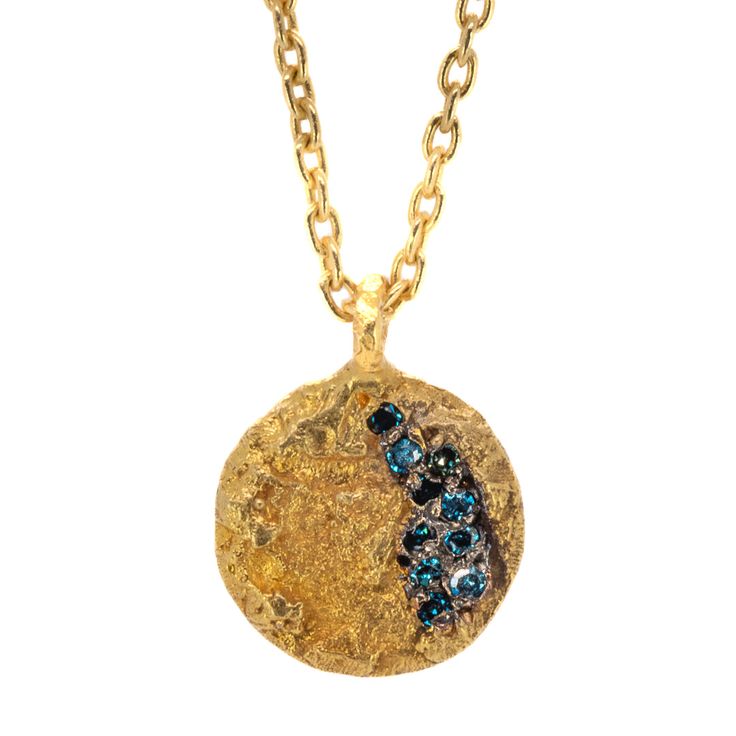 Nature Round Gold Diamond Necklace is part of Ebru Jewelry's new Fine Jewelry collection. These one-of-a-kind designs are all handcrafted in our New York Atelier from recycled metals and natural gemstones to add a unique touch to any look.Details;Diamond weights 0.10 Carat Petroleum diamonds14 carat yellow goldNecklace length is adjustable 16'' to 19'' Avoid contact with chemicals, makeup, perfume. Do not use dips or abrasive cleaners on necklace. To clean and brighten it up your gold necklace, Unique Recycled Gold Gemstone Jewelry, Diamond Fusion Necklace For Gift, Artisan Gold Jewelry With Birthstone, Fusion Style Diamond Necklace For Gift, Diamond Fusion Necklaces For Gifts, Recycled Gold Gemstone Necklace For Anniversary, Unique Sapphire Necklace As Gift, Artisan Pendant Jewelry With Birthstone, Unique Sapphire Necklace For Gift