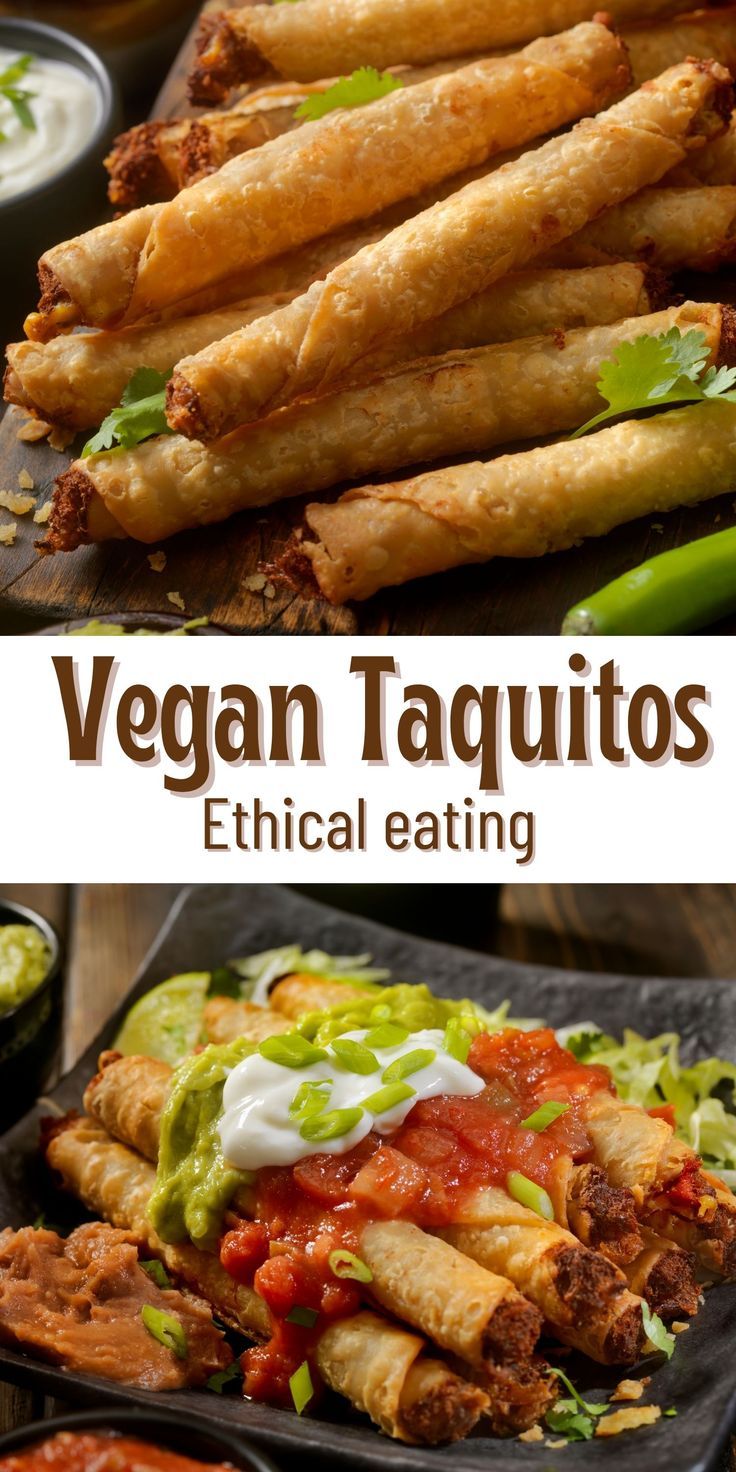 vegan taquitass with sauce and lettuce on top are served in black trays