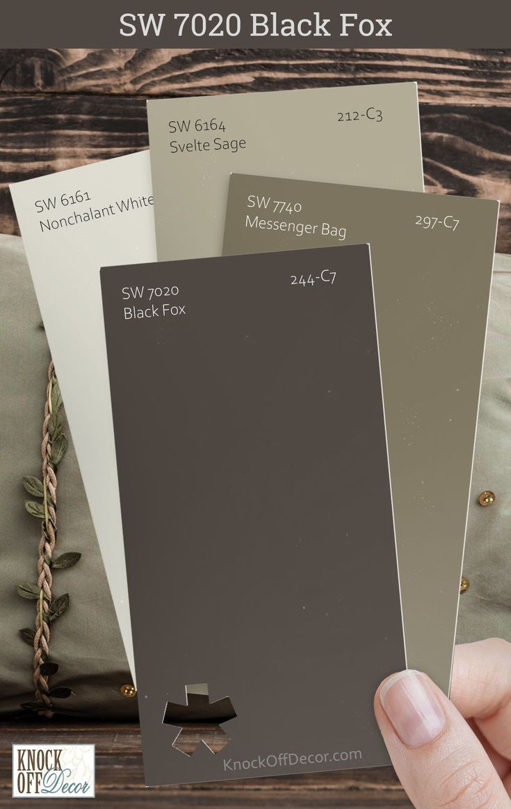 a hand holding three different shades of black and white paint swatches with text overlay saying sw700 black fox