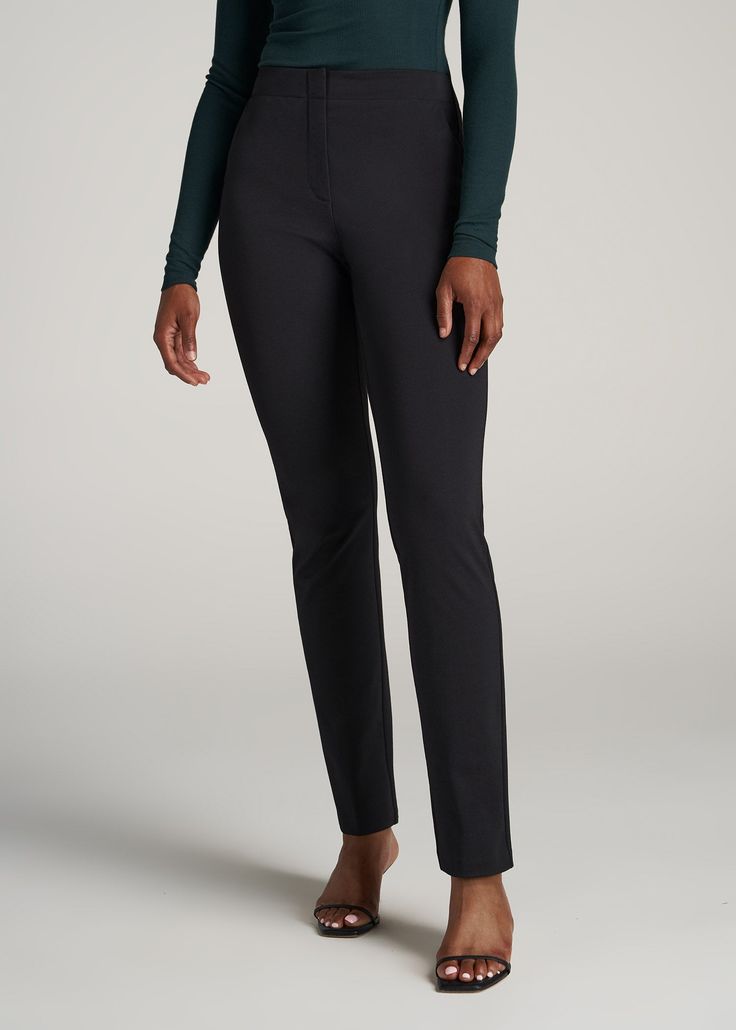 American-Tall-Women-Slim-Fit-Dress-Pant-Black-front Black Fitted Pantsuit For Office, Fitted Black Pantsuit For Office, Elegant Stretch Leather Pants, Elegant Ankle-length Dress Pants With 4-way Stretch, Elegant Ankle-length 4-way Stretch Dress Pants, Elegant 4-way Stretch Ankle-length Dress Pants, Slim Fit Elastane Office Pants, Slim Fit Elastane Pants For Office, Business Casual Straight Leg Dress Pants With Minimal Stretch