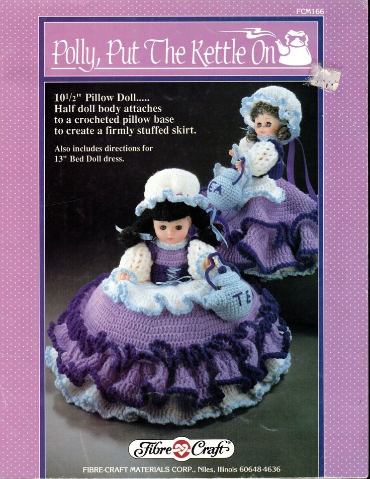 two dolls in purple dresses and bonnets on the cover of a knitting pattern book