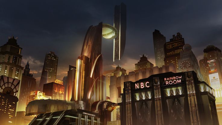 a futuristic city at night with neon lights and skyscrapers in the foreground, surrounded by tall buildings