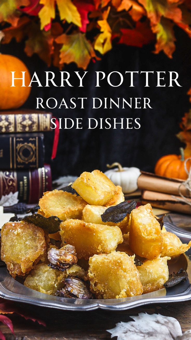 a plate full of fried food with the title harry potter roast dinner side dishes on it