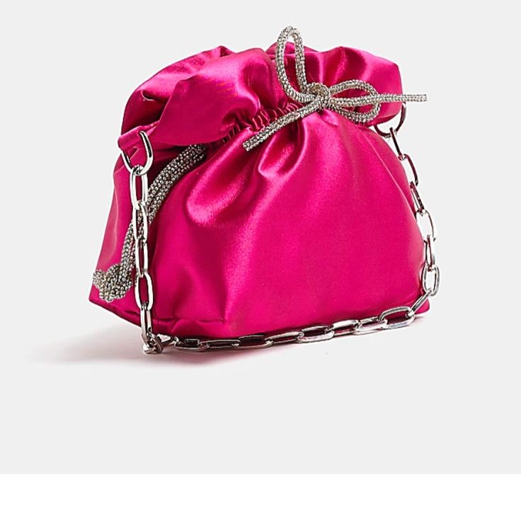 Pink Satin Diamante Bow Shoulder Bag. Never Used. Elegant Pink Pouch Bucket Bag, Pink Evening Pouch Bucket Bag, Pink Evening Bucket Bag Shaped As Pouch, Pink Party Bucket Bag, Pink Pouch Bucket Bag For Evening, Chic Pink Bucket Bag For Evening, Chic Crossbody Bags For Events, Pink Evening Pouch Shoulder Bag, Elegant Pink Bucket Bag For Formal Occasions