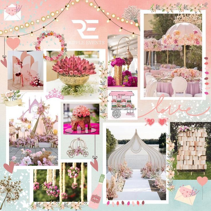 a collage with pink and white flowers, decorations, and other things in it