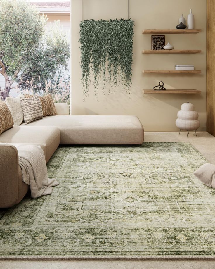 a living room with a large green rug on the floor and a couch in front of it