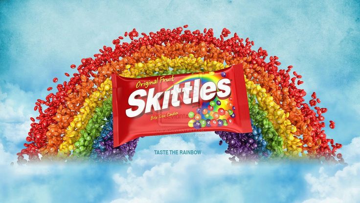 an advertisement for skittle's is shown in the sky above a rainbow - colored candy bar