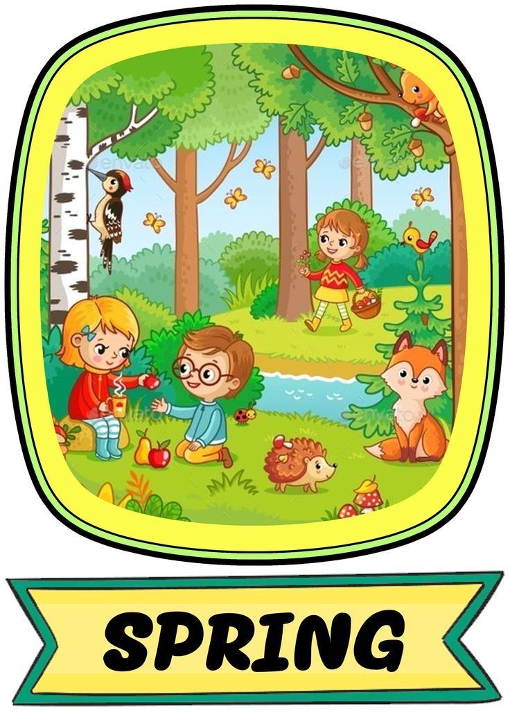 children are playing in the park with animals and trees around them, while an inscription reads spring