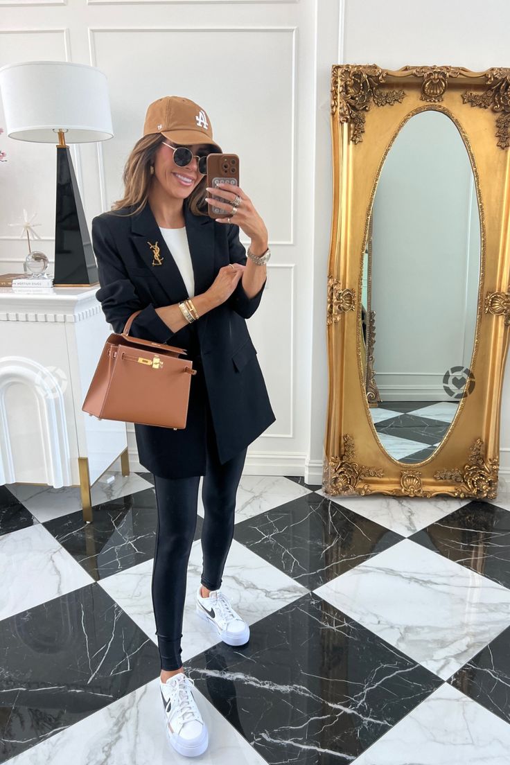 Blazer And Sneakers Outfit, Styling Faux Leather Leggings, Fall Outfits Oversized, White Tank Bodysuit, High Top Sneakers Outfit, Black Leather Leggings Outfit, Oversized Black Blazer, Oversized Blazer Outfit, Emily Ann Gemma