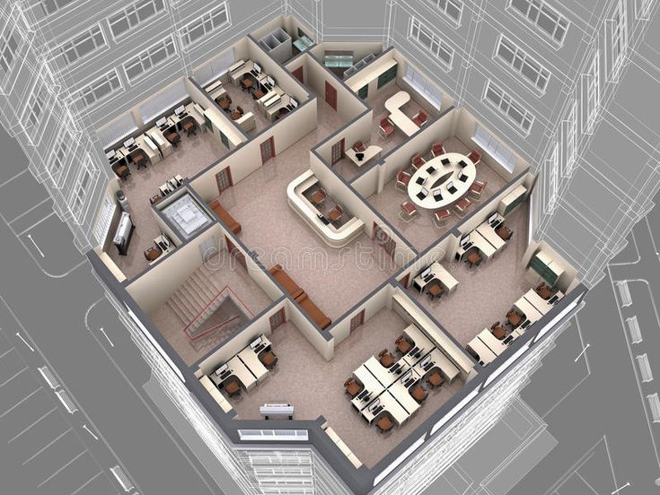 an overhead view of a floor plan with furniture and office cubicles in the center