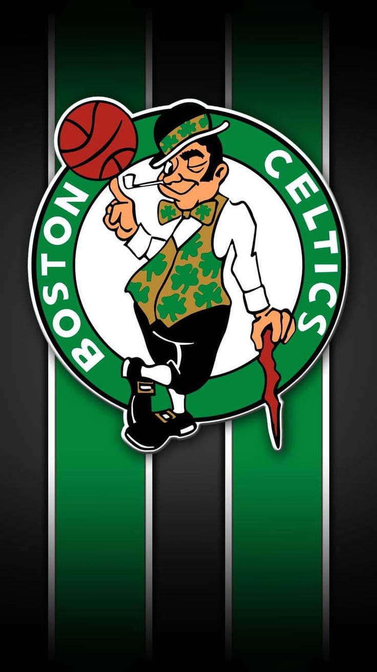 the boston basketball team logo is depicted on a green and black striped background with an image of a man holding a basketball