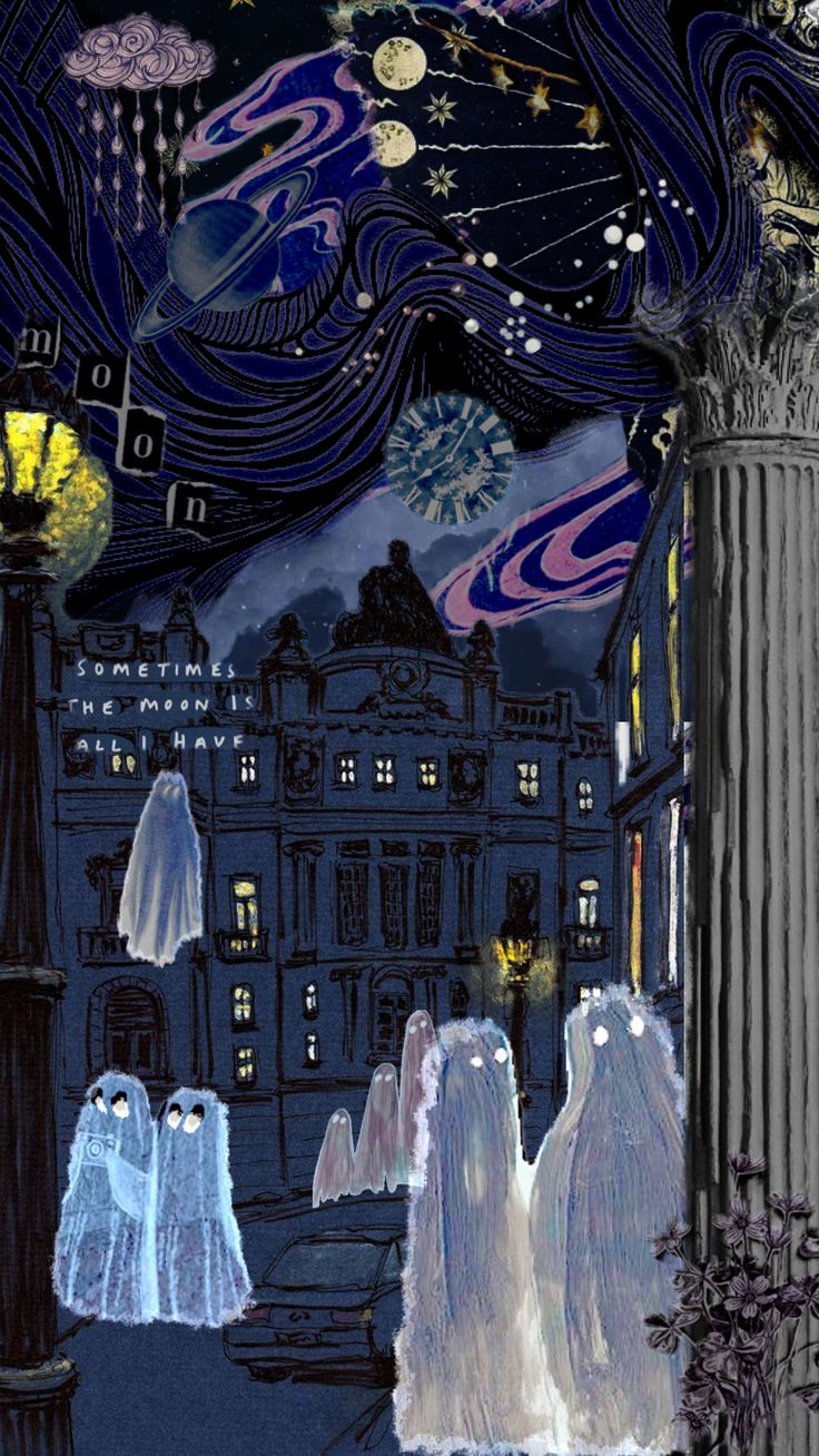 an artistic painting of people dressed in ghost costumes walking down the street at night with buildings and lights behind them