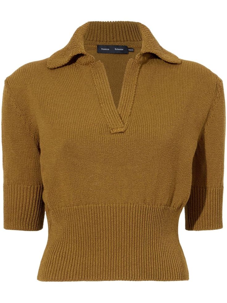 caramel brown cotton blend knitted construction V-neck polo collar short sleeves straight hem Yoko London, City Dress, Van Cleef Arpels, David Yurman, Summer Beach Wear, Hermes Birkin, Lady Dior, Dolce & Gabbana, Proenza Schouler