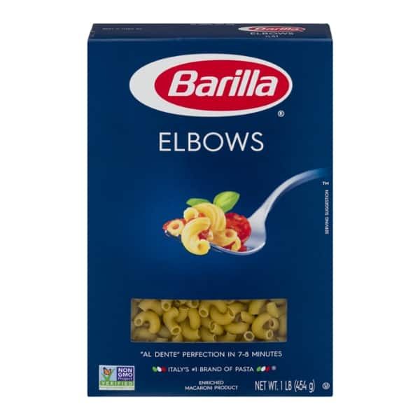 a box of pasta with the word elbow on it and an image of a spoon full of noodles